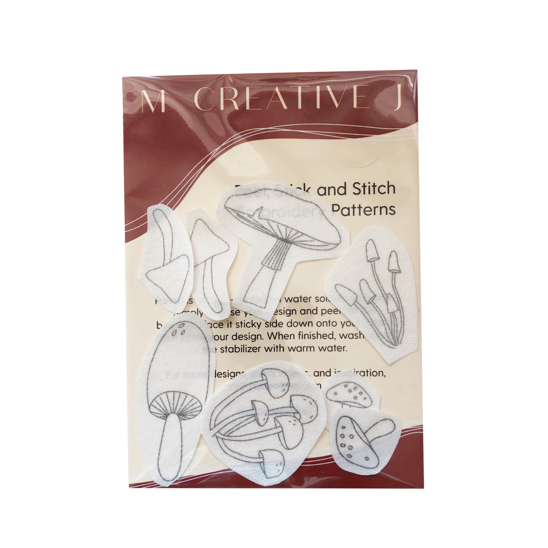 Close Up of Baggy With Patterns for Mushroom Stick and Stitch Embroidery Patterns Kit