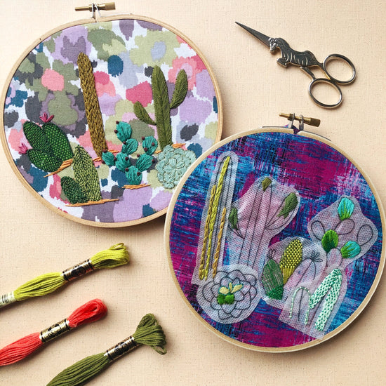 Two hoops with cactus designs show the variety of stick and stitch embroidery patterns