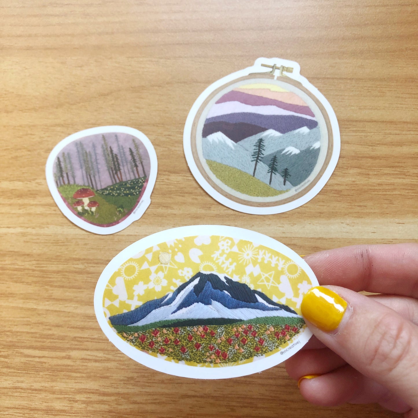 STICKER: Embroidered PNW Spring- Blue Mountain and Flower Field Vinyl Sticker