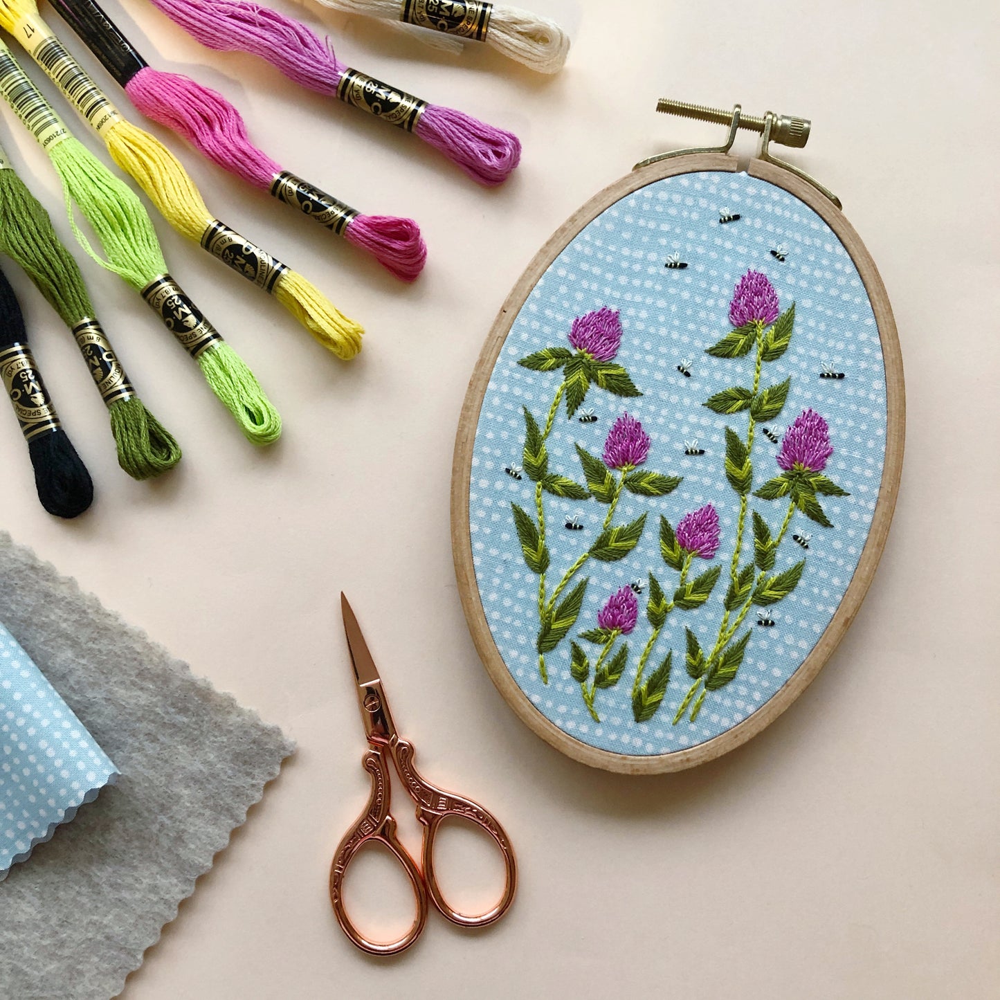 Bees Among Clover - Intermediate Hand Embroidery DIY Craft Kit