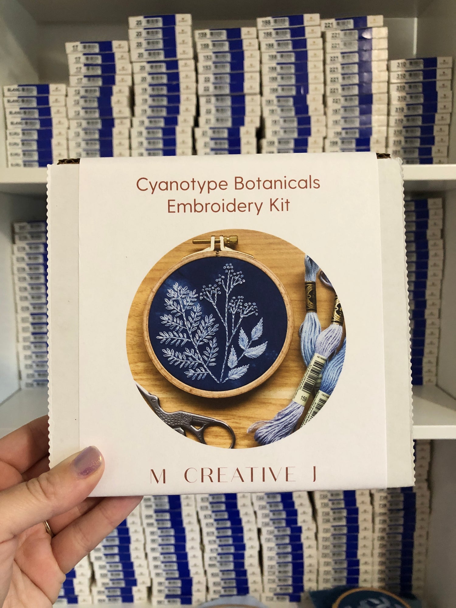 Cyanotype botanicals beginner friendly DIY embroidery kit front box view held up against a shelf 