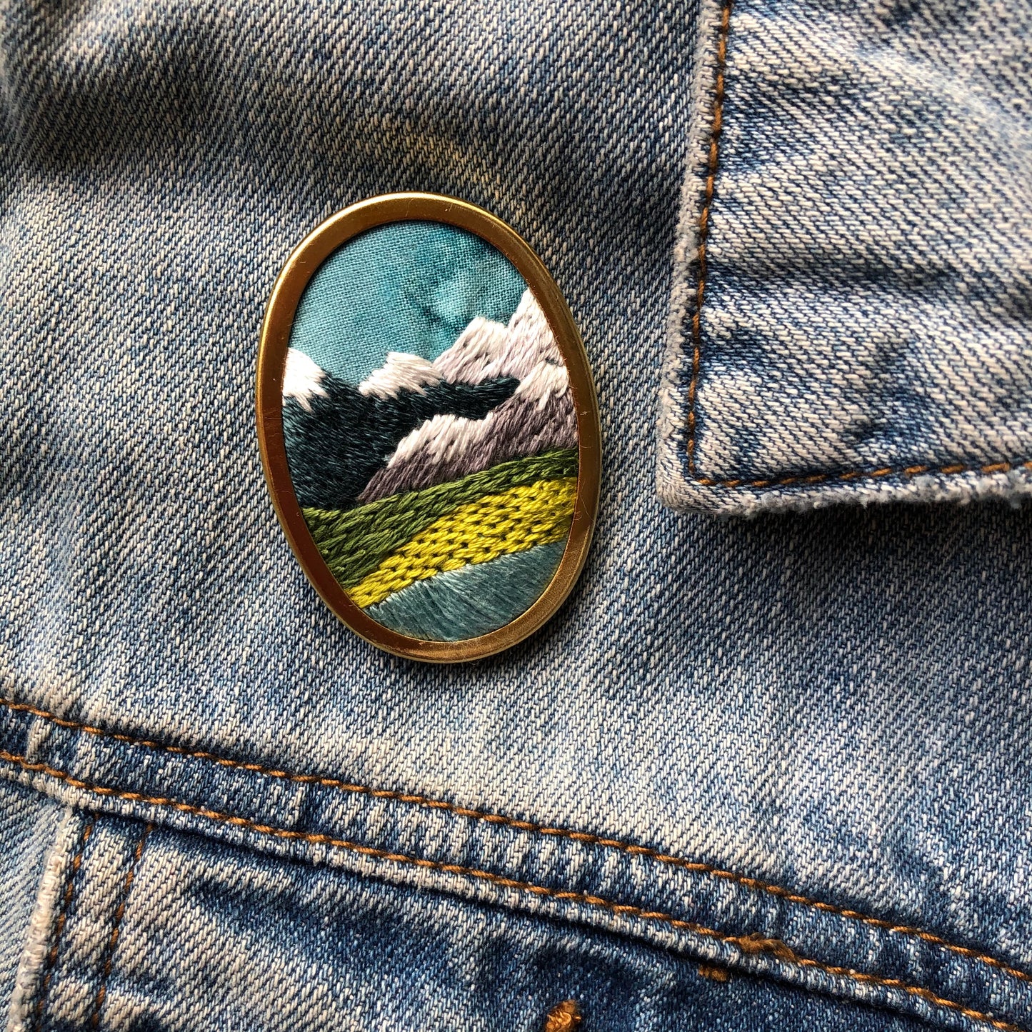 PNW Mountain Landscape Oval Pin- DIY Beginner Embroidery Craft Kit