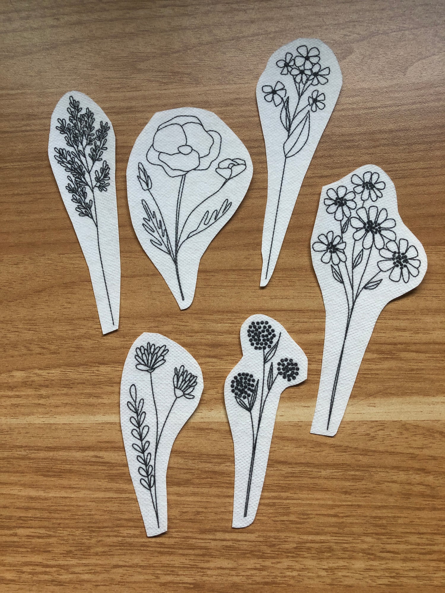 The 6 types of flower patterns included in Wildflower Stems Stick and Stitch Embroidery Pattern Kit