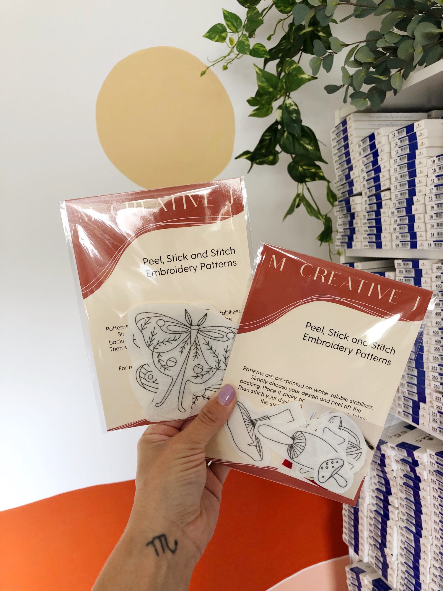 Baggies With Patterns for Butterfly and Mushroom Stick and Stitch Embroidery Pattern Kits