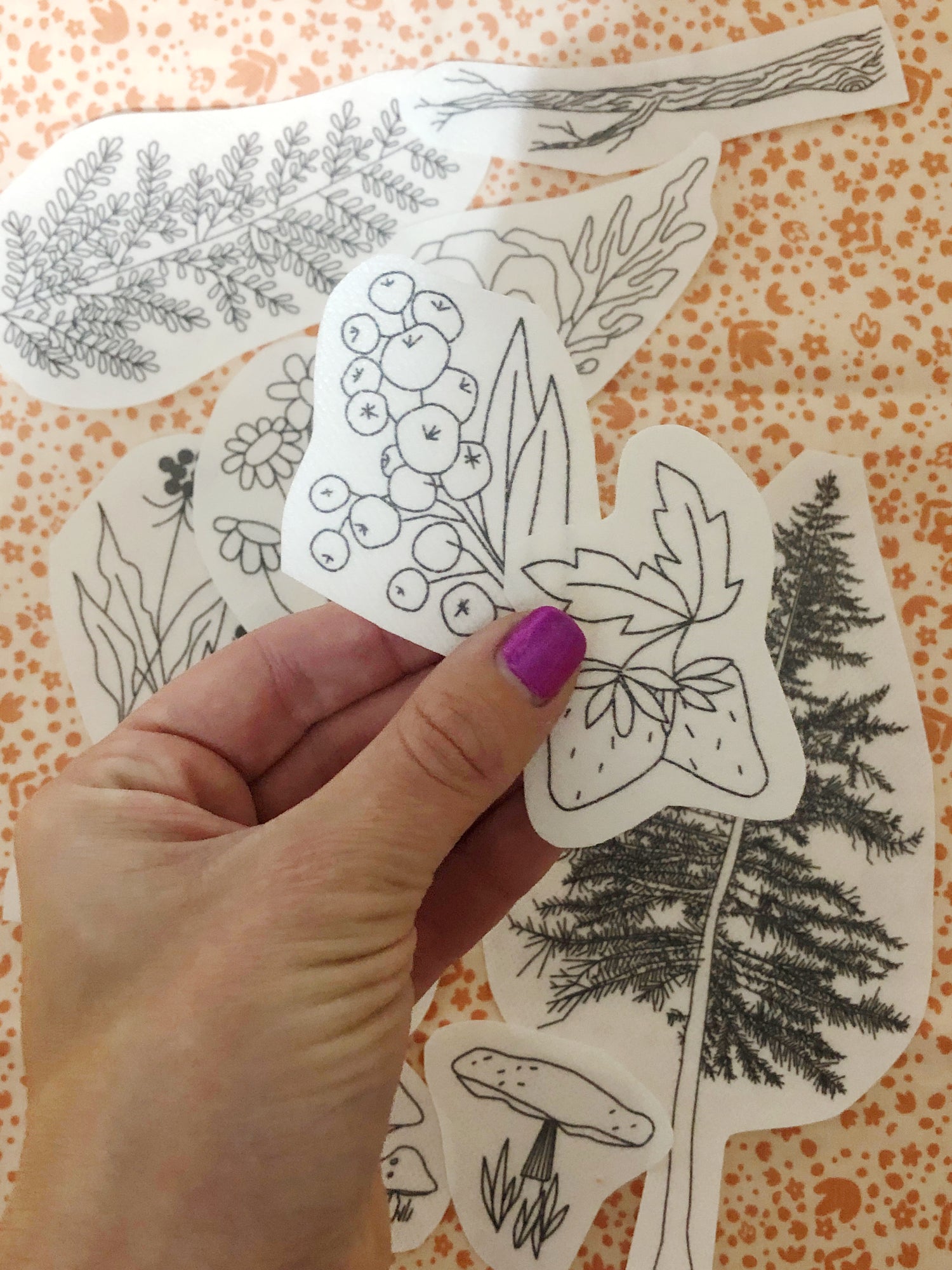 Close up of Stick and Stick Berries Patterns in Forest Forage Embroidery Kit