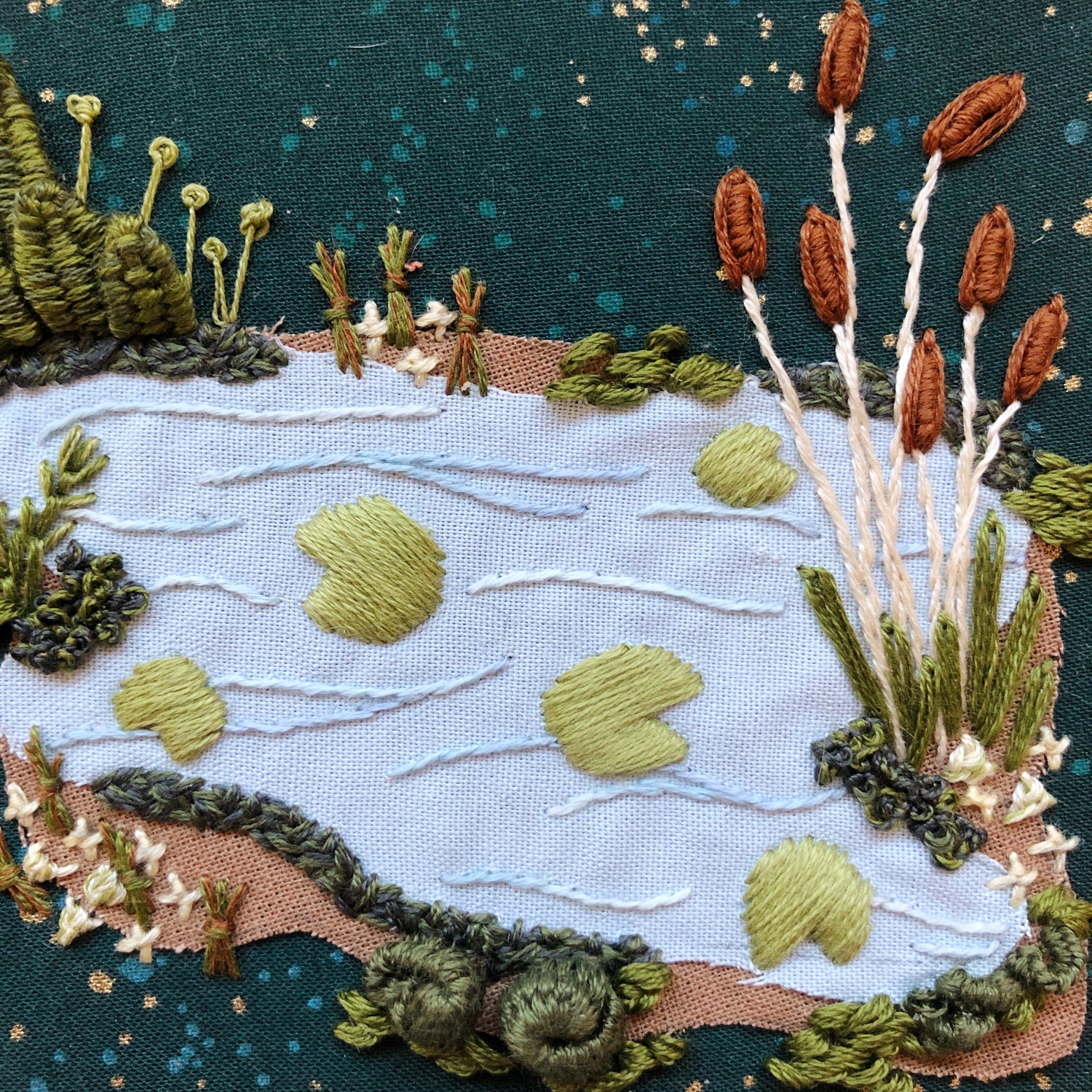 Close up of completed 3D lily pad design from advanced embroidery kit