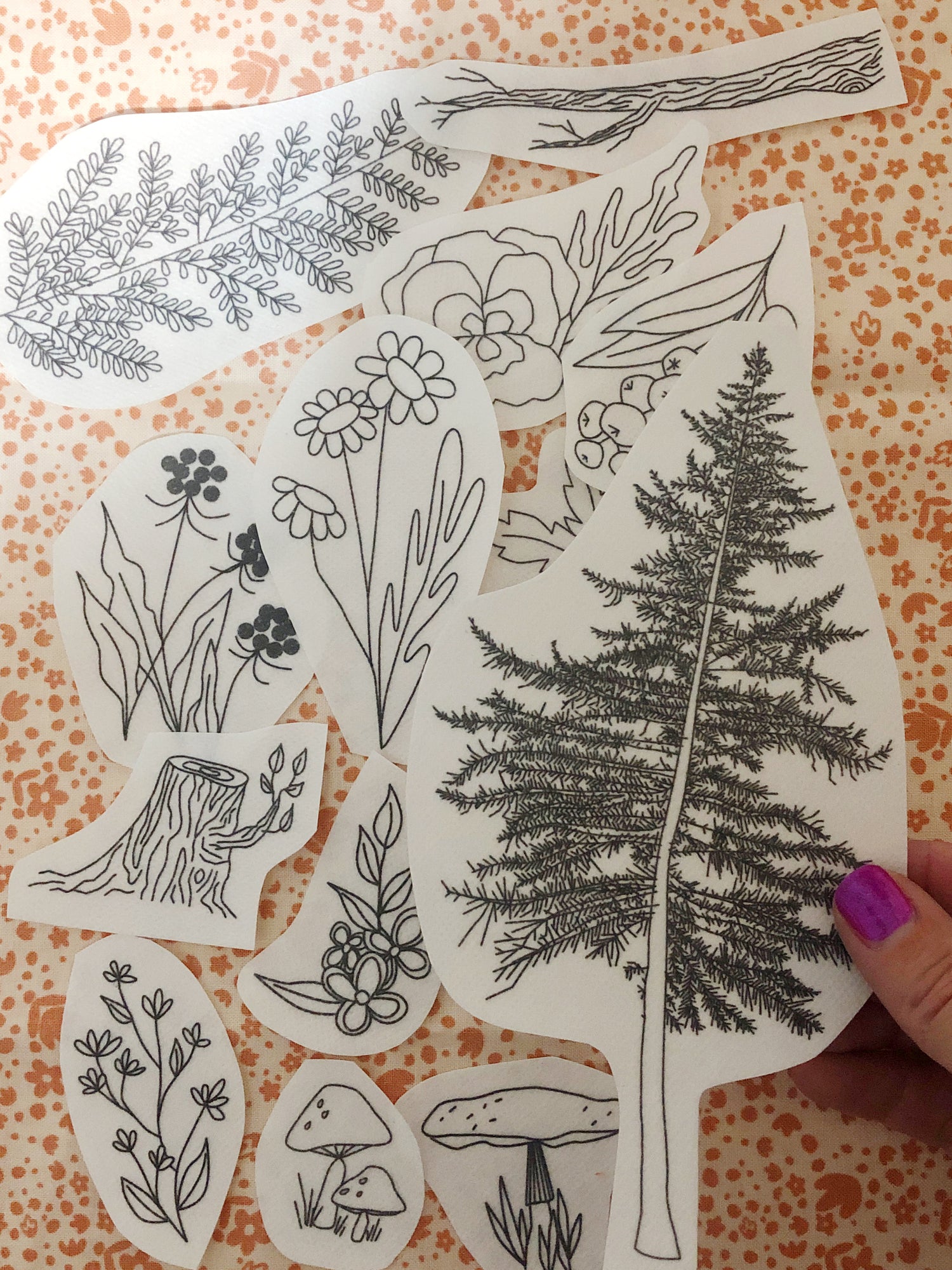 Close up of Forest Forage Stick and Stitch Embroidery Patterns in Kit