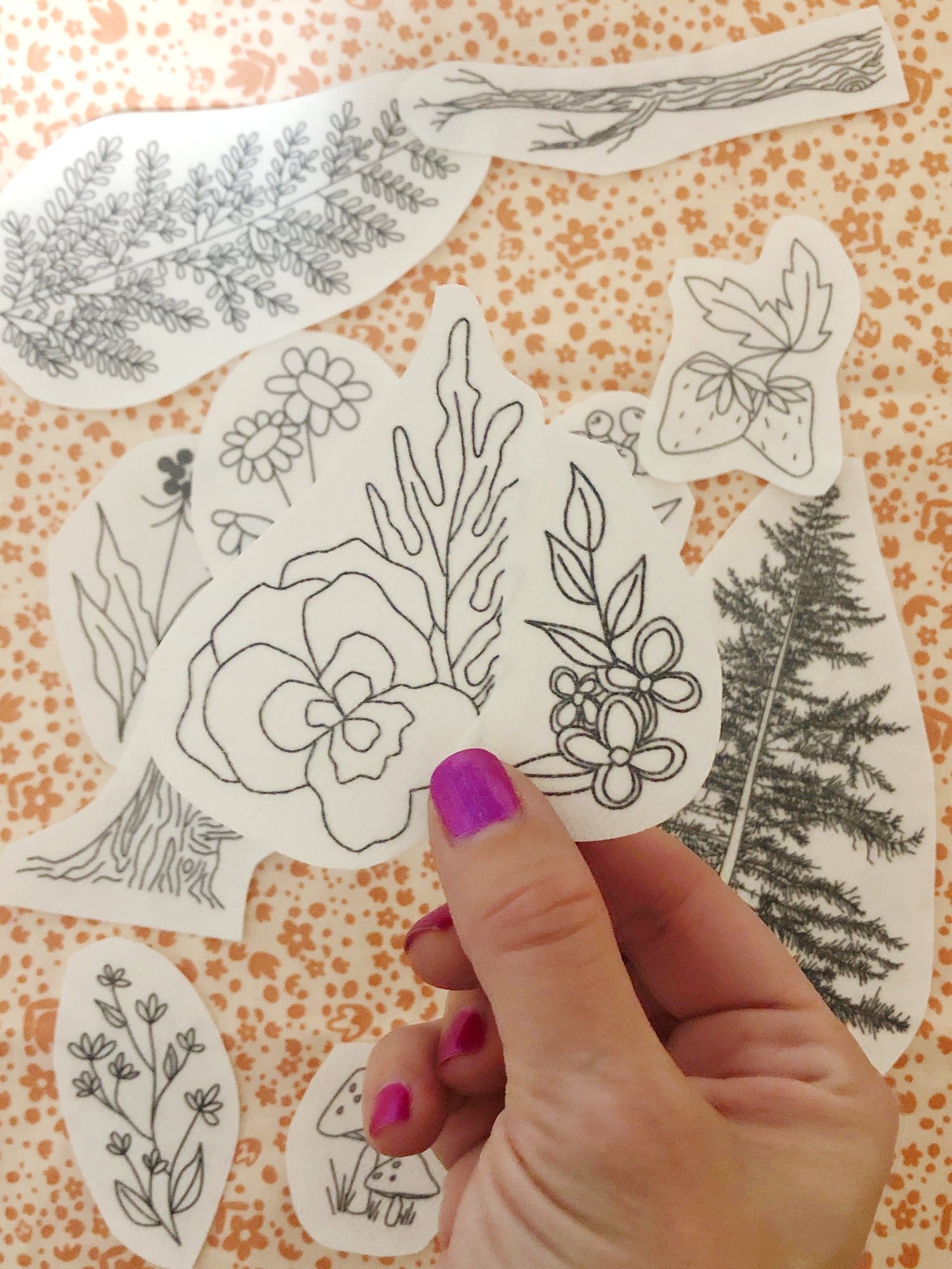 Close up of Patterns in Forest Forage Stick and Stitch Embroidery Kit