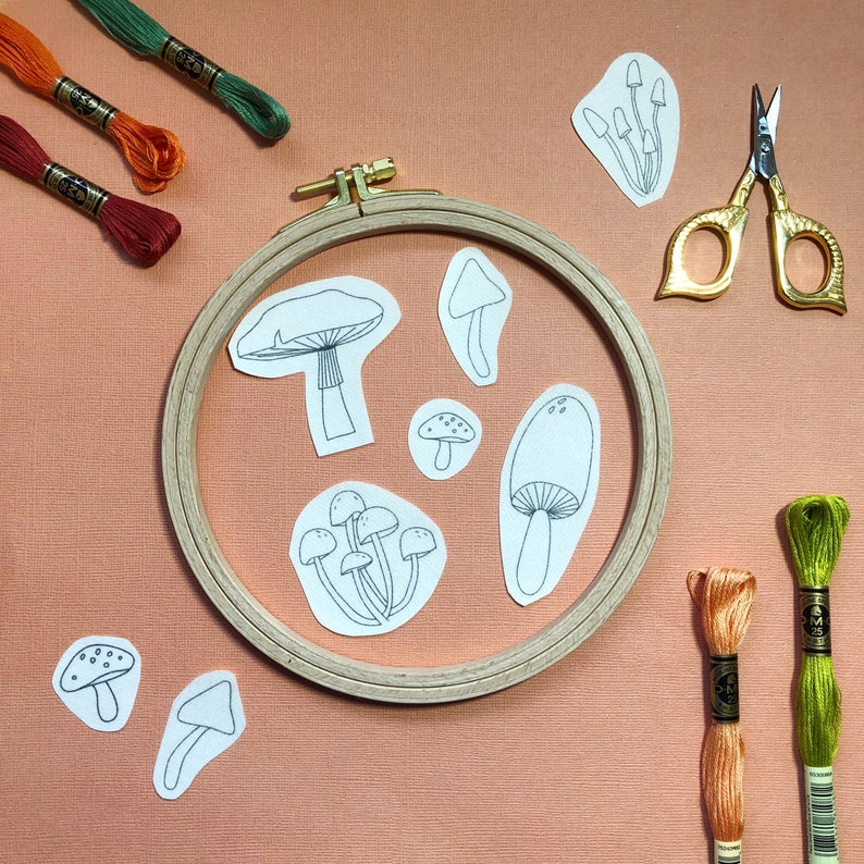 Close up of Patterns in Mushroom Stick and Stitch Embroidery Patterns Kit With Materials