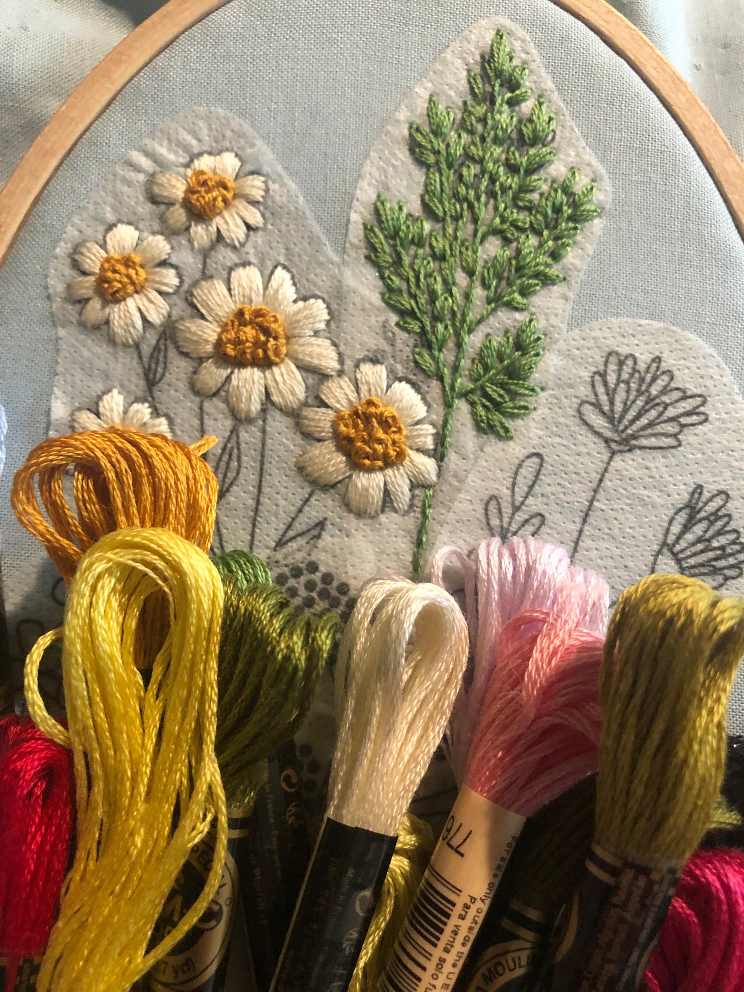 Close up of partially completed Wildflower Stems Stick and Stitch Embroidery Pattern Kit. Includes completed flowers, un-embroidered flower, and colored skeins of thread.