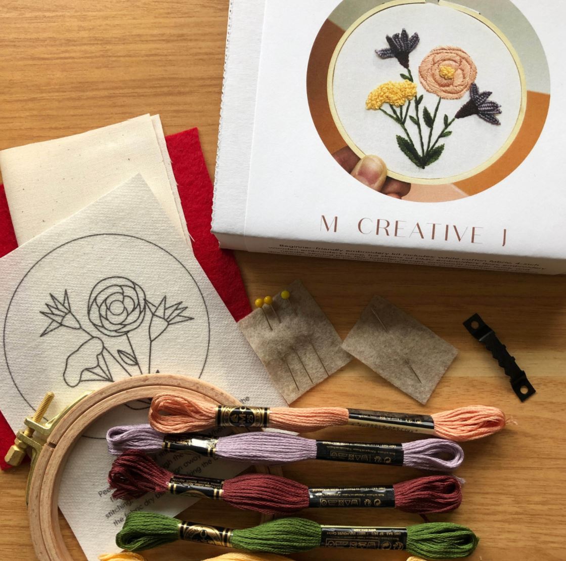 Contents of the DIY Blooming Wildflowers intermediate embroidery kit displayed: box, transfer design, hoop, 5 skeins of thread, sawtooth hanger hook, sewing pins.