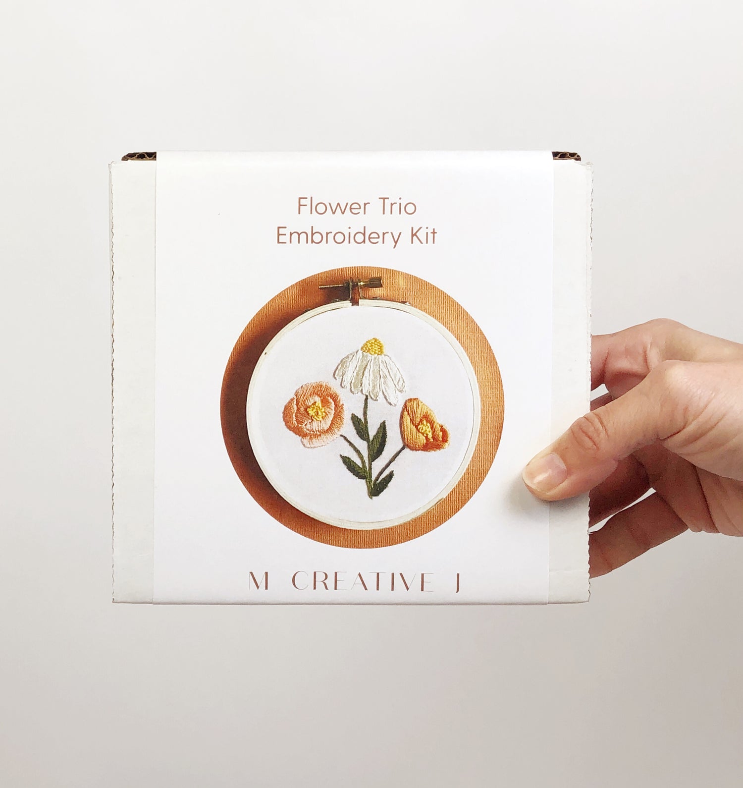 Front box view of the DIY Flower trio embroidery kit for beginners