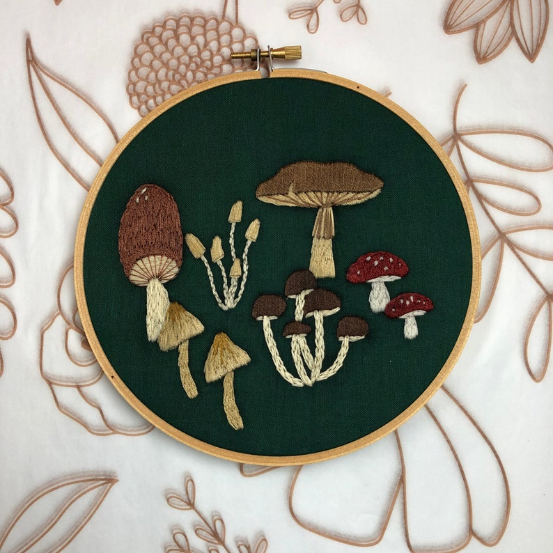 Example of Mushroom Stick and Stitch Embroidery Patterns Embroidered on Green Fabric 