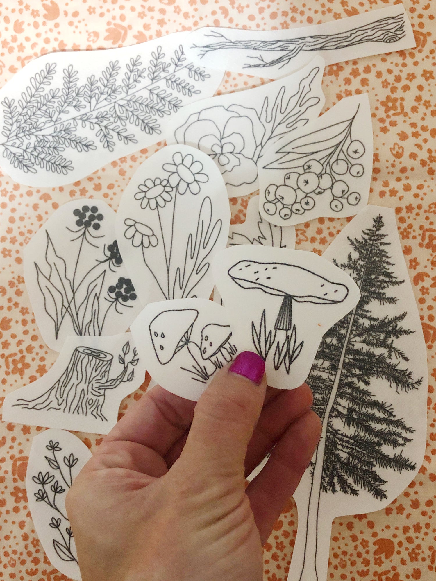 Close up of Stick and Stick Mushroom Patterns in Forest Forage Embroidery Kit