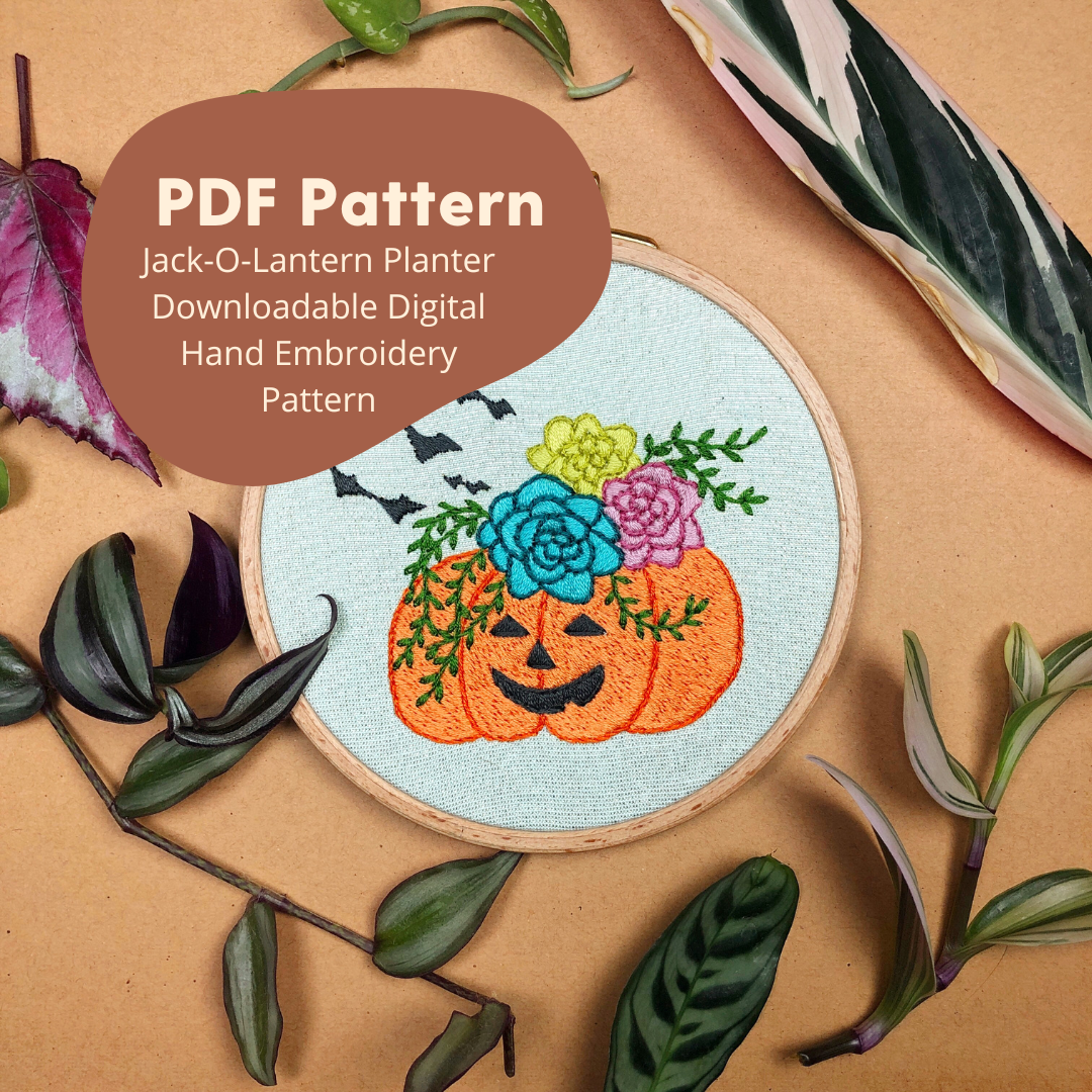 Jack-O-Lantern Planter Halloween - Hand Embroidery Pattern PDF